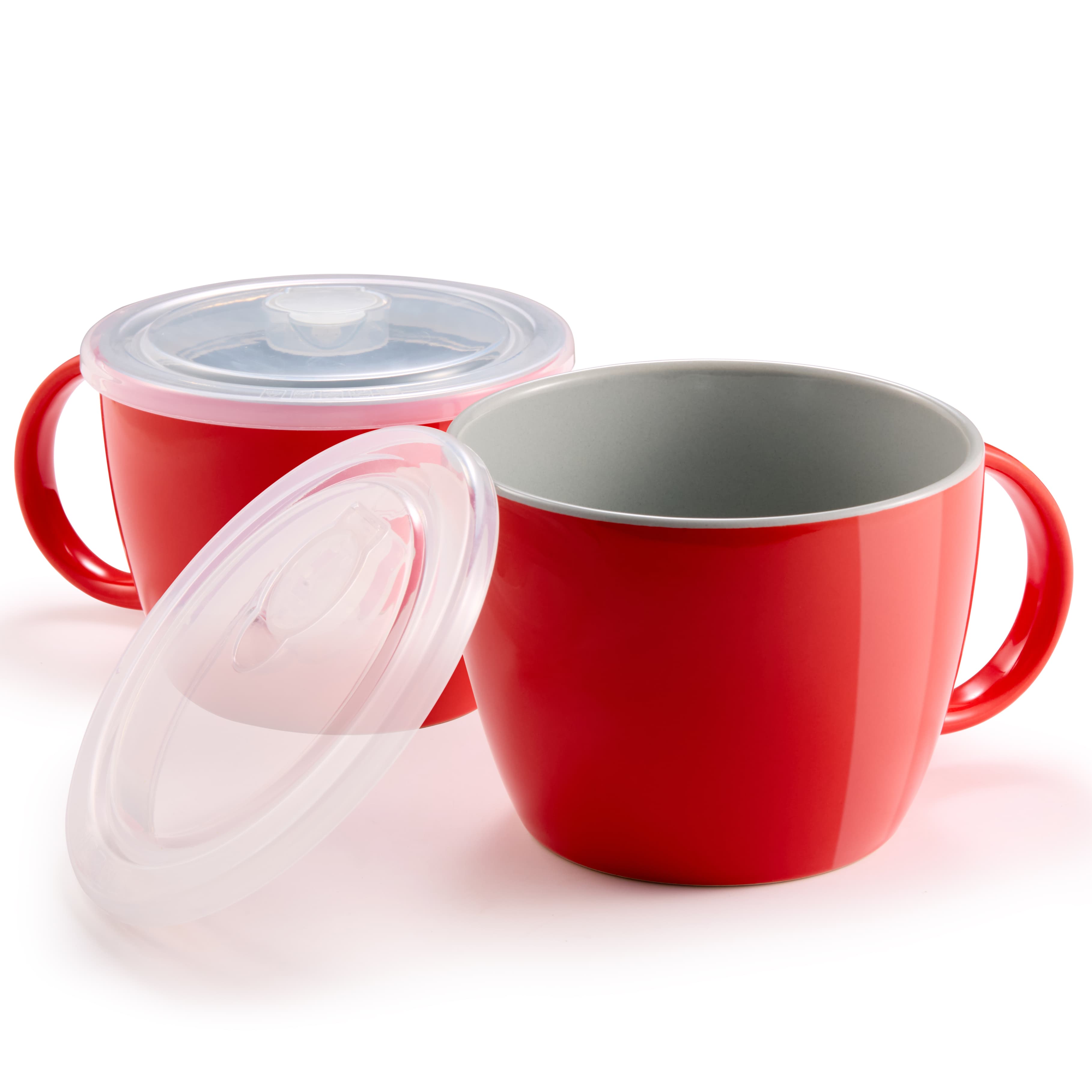 Kook 25 oz Ceramic Soup Mugs with Lids, Set of 2 - Cherry/Grey