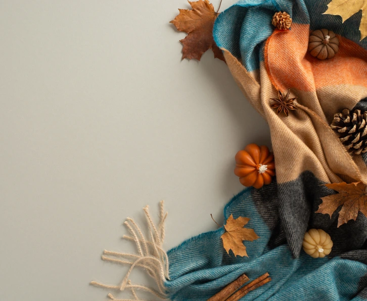 Fall blanket with pinecones, small pumpkins, and fall foliage