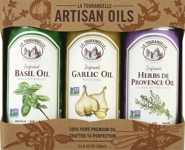 La Tourangelle Infused Trio of Oils - Infused Herbs de Provence Oil, Infused Garlic Oil, Infused Basil Oil Gift Set, 8.45 fl oz (Set of 3) Herbs de Provence, Garlic, Basil 8.45 Fl Oz (Pack of 3)