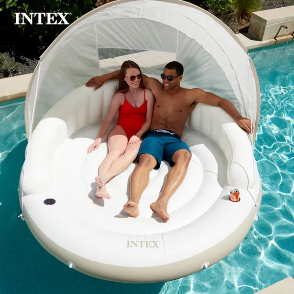 INTEX 58292EP Canopy Island Inflatable Pool Float: Comfortable Lounge Surface – Built-in Cup Holders – Detachable Sunshade – 440lb Max Weight Capacity – 78.5" x 59" - Image 2