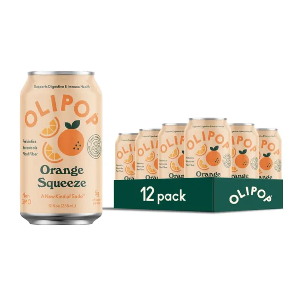 OLIPOP Prebiotic Soda Pop, Orange Squeeze, Prebiotics, Botanicals, Plant Fiber, 12 fl oz (12 Cans)