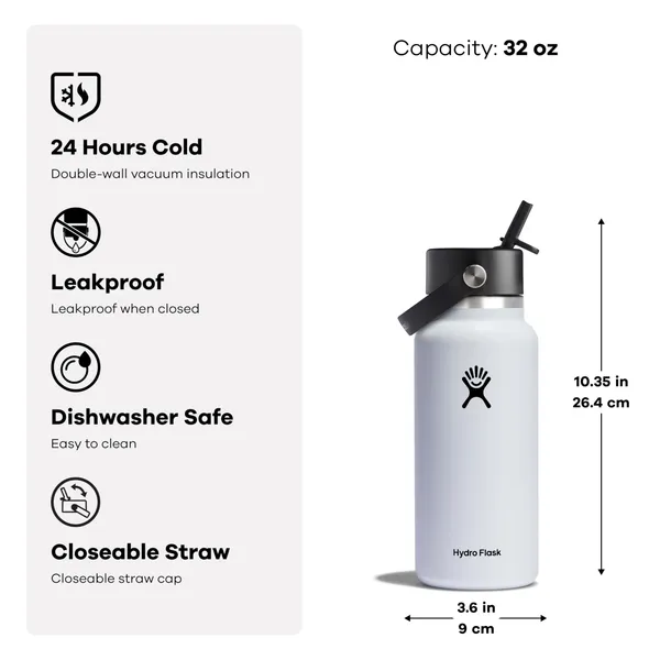 Hydro Flask 32 Oz Wide Flex Straw Cap Bottle - Insulated Stainless Steel - Wide Straw Lid, Non Spill, Leakproof in Indigo 32 Oz Indigo - Image 3