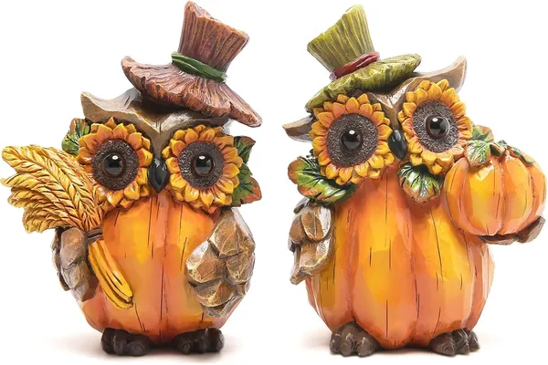 Hodao Owl Sculpture - Resin Thanksgiving Decor, Handmade Fall Centerpiece in Country Style, Unique Patented Design, 5.5 inches Tall