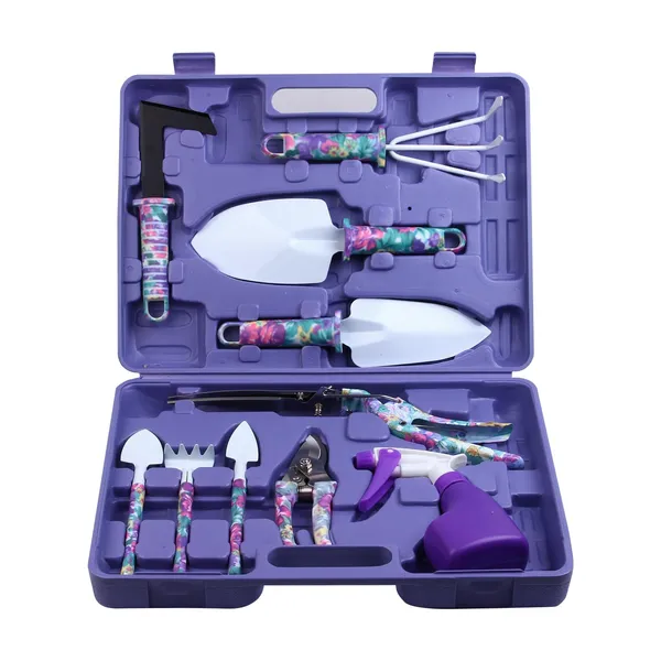 Garden Tools Set, JUMPHIGH 10 Pieces Gardening Tools with Floral Print, Ergonomic Handle Trowel Rake Weeder Pruner Shears Sprayer, Garden Hand Tools with Carrying Case Gardening Gifts for Women