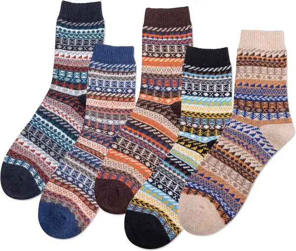 IIG 5 Pairs Women's Vintage Style Thick Wool Warm Winter Crew Socks Boho 01 - 5 Pairs