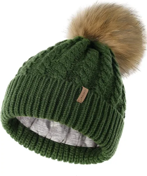 FURTALK Winter Beanie Hat for Women Fleece Lined Faux Fur Pom Pom Hats Womens Warm Thick Knit Skull Cap 12 Green One Size