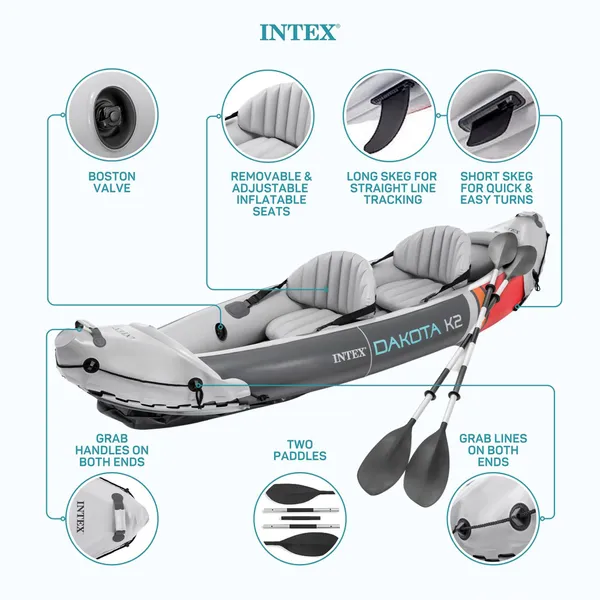 INTEX 2-Person Inflatable Kayak Set, Dakota K2 with 86in Oars and Pump - Image 8