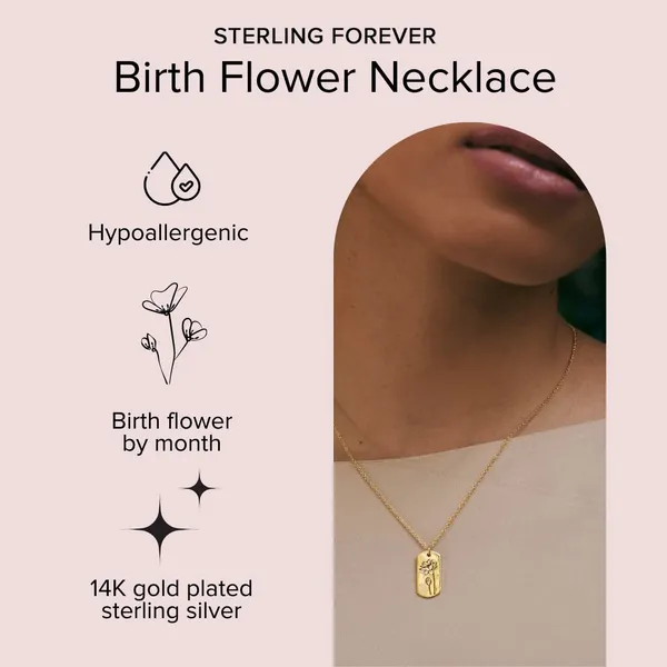 Sterling Forever - Birth Flower Necklace - 14K Gold Plated or Rhodium Plated Brass - Statement Pendant - Adjustable Chain, Lobster Clasp - 16” Chain, 2” Extender - Nickel Free - Image 3