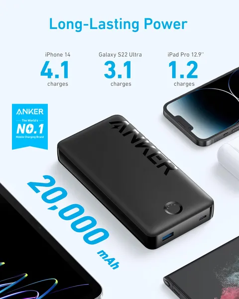 Anker Portable Charger, 20,000mAh Power Bank, Battery Pack with 2-Port, 15W High-Speed Charging for iPhone 15/15 Plus/15 Pro/15 Pro Max, 14/13/12 Series, Samsung Galaxy, and More (Black) - Image 2