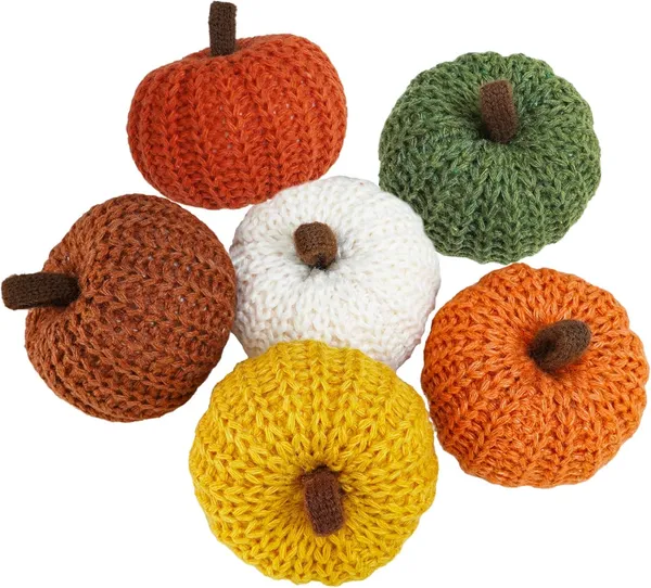 Winlyn Set of 6 Faux Fall Harvest Crochet Pumpkins Small Knit Pumpkins in Orange Yellow Green Brown Cream Rustic Farmhouse Pumpkins Foam Pumpkins for Thanksgiving Halloween Autumn Mantel Table Décor Rustic Fall Color