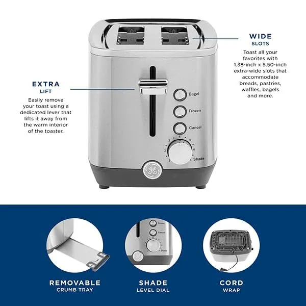 GE 2 Slice Stainless Steel Toaster, Extra Wide Slots for Toasting Bagels, Breads, Waffles & More, 7 Adjustable Shade Settings, Removable Crumb Tray, Countertop Kitchen Essentials, 850 Watts - Image 4