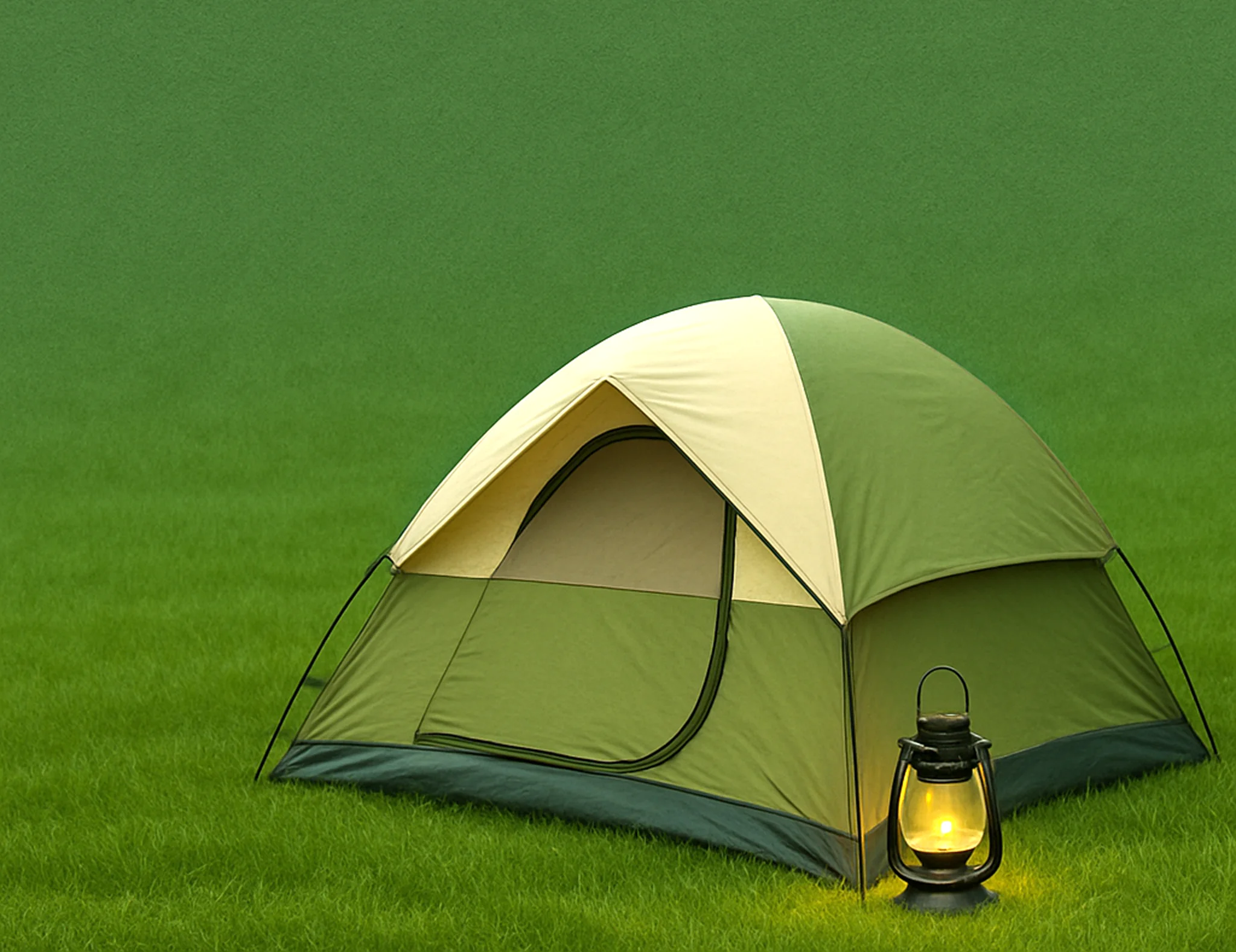 Camping gear set up by a tent in a forest